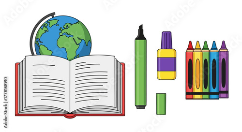 Open book with a globe highlighter glue and crayons on a white background