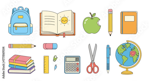 School supplies backpack book apple pencils eraser calculator globe ruler pen scissors and stack of books on white