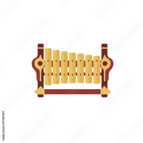 Gamelan saron xylophone with yellow bars, traditional indonesian music instrument. Suitable for cultural design projects and music concepts.