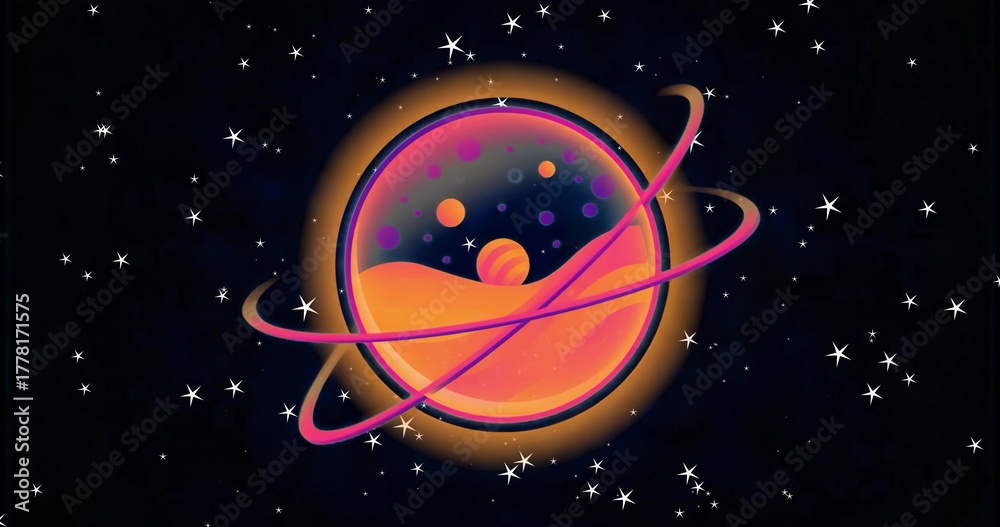 Obraz premium Showing stylized glowing planet rotating in star field, with neon rings, floating spheres and stars