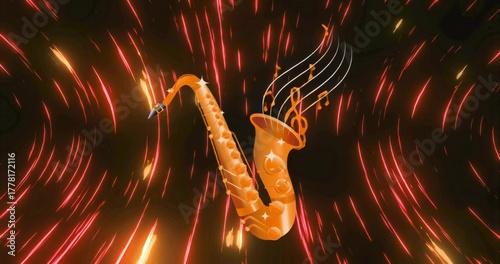 Floating golden saxophone emitting musical notes and spark highlights in dark abstract space
