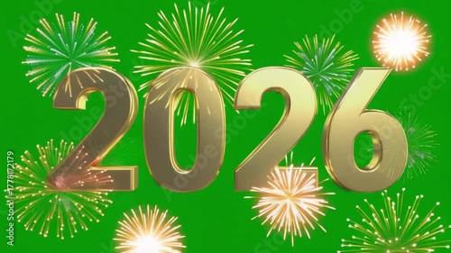 Golden year two thousand twenty six with fireworks on a green screen background animation video