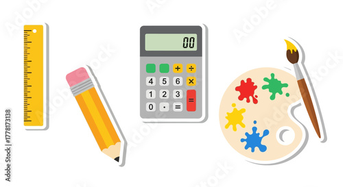 Stationery supplies a ruler pencil calculator and paint palette with brush