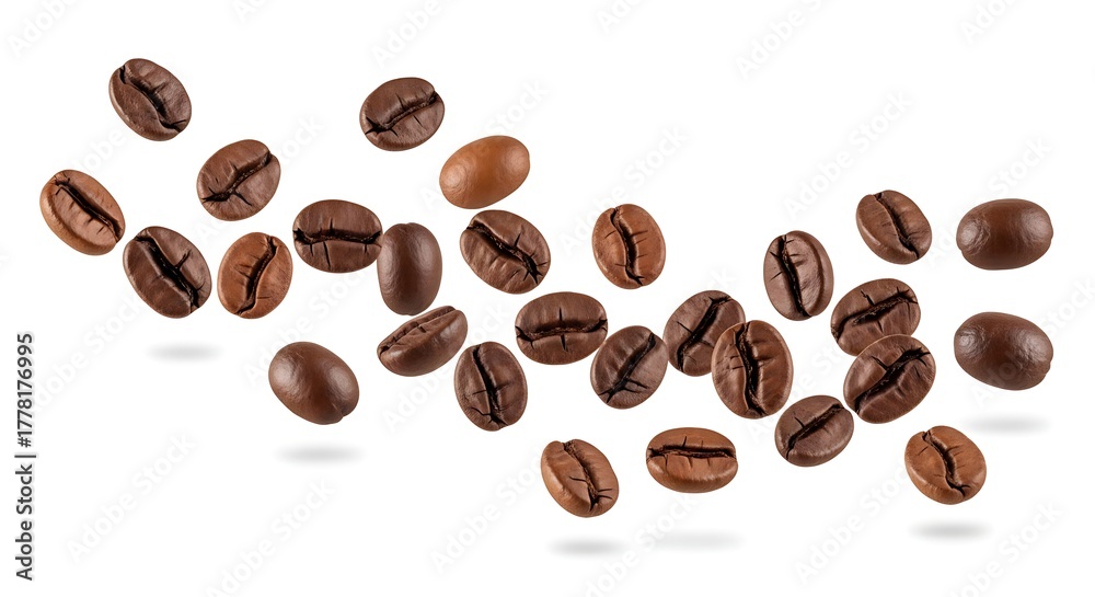 Naklejka premium A scattered arrangement of roasted coffee beans isolated against a plain white studio background shot overhead