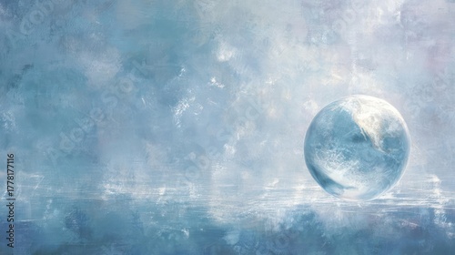 Abstract ethereal blue and white watercolor texture with a translucent oval shape suggesting a crystal or water droplet