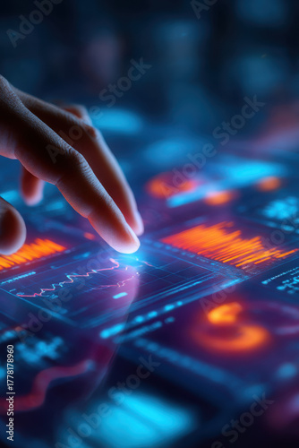 Analyzing data interaction digital interface touchscreen technology high-tech environment close-up view user engagement insights