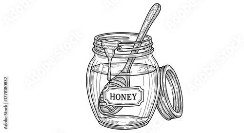Delicious honey jar with wooden spoon detailed vintage illustration