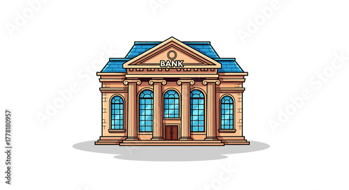 Cartoon Bank Building with Columns on a White Background