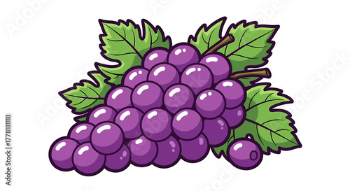 Luscious Purple Grapes with Green Leaves on a White Background.
