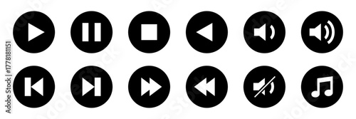 Set of music control buttons including play, pause, stop, next, previous, volume, mute and sound icons. Perfect for media player, app interface, or audio control UI design elements.