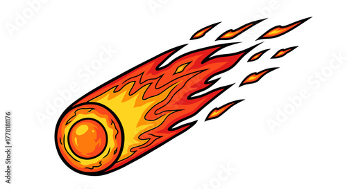 Fiery Cartoon Comet Streaking Across White Space Background