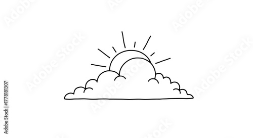 Graphic sun peeking out from fluffy cloud in simple line art