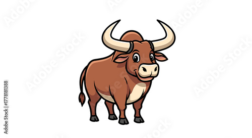 Adorable Brown Bull Cartoon Character with Friendly Smile and Big Horns