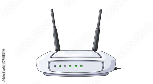 Modern White Wireless Router with Two Antennas isolated on white.