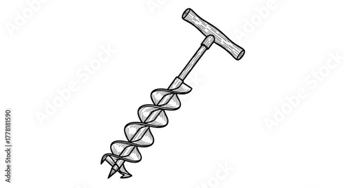 Illustrated Auger Drill Bit with Detailed Hatching and White Background