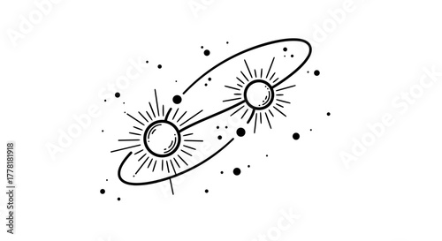 Orbiting Stars in a Celestial Dance, Simple Line Art Illustration