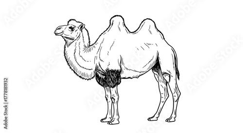 Detailed black and white illustration of a two-humped Bactrian camel
