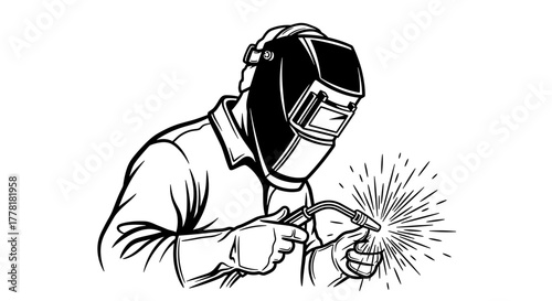 Welder Creating Metal Art with Protective Gear in Black and White