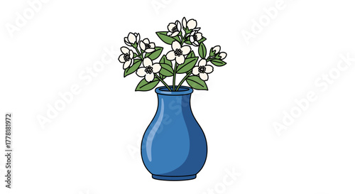 Artistic illustration of white blossoms in a vibrant blue vase