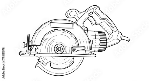 Detailed circular saw line drawing, emphasizing craftsmanship and design