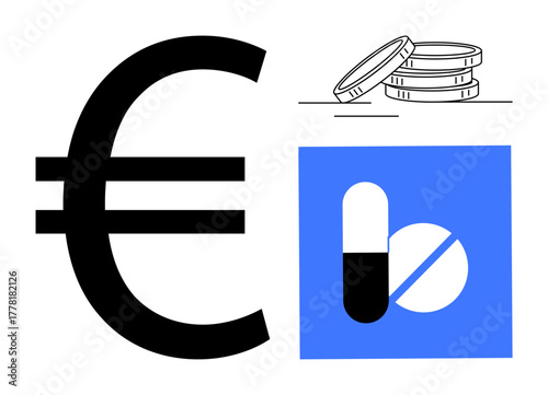 Euro currency symbol alongside pills and stacked coins symbolizing healthcare financing. Ideal for healthcare economy, medication cost, pharmaceutical industry, insurance policy, medical research