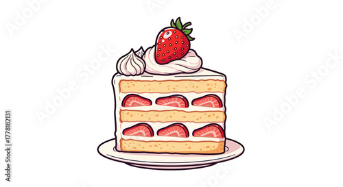 Delicious Strawberry Cake Slice with Whipped Cream Illustration