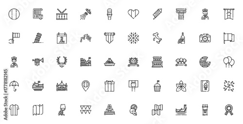 Festa della Repubblica icon set. Italian Republic Da vector illustrations. Feaures symbols like flag, pata, fireworks, Colosseum, ine, guitar and more. Editble stroke.