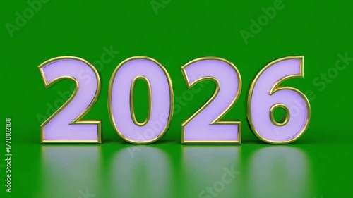 Year two thousand twenty six in lilac and gold against a green background in studio shot video