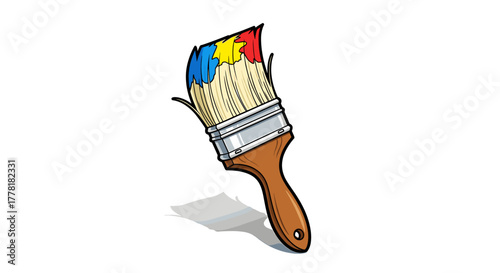 Cartoon Paintbrush Bristling with Colorful Paint Isolated on White Background
