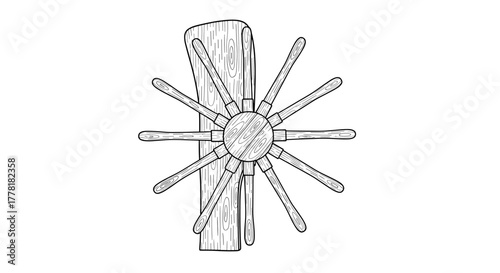 Decorative vintage ship steering wheel illustration on an isolated backdrop.