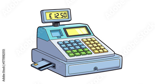 Cartoon cash register showing price with inserted credit card