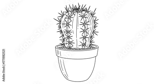 Black and White Illustration of a Spiky Cactus in a Pot