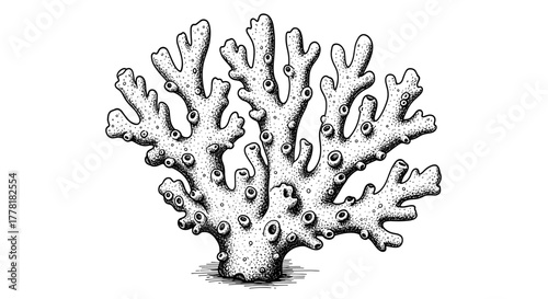 Detailed Hand-Drawn Coral Illustration Against Clean White Background