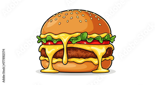 Delicious cheesy burger illustration with dripping cheese on white background.