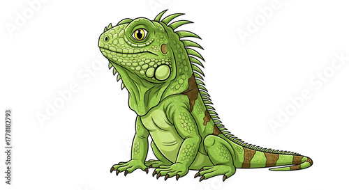 Cartoon Green Iguana Sitting Isolated on White Background, Charming Reptile