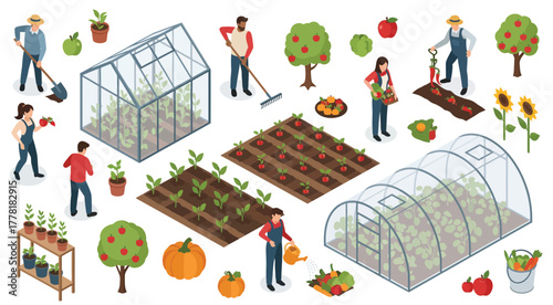 Isometric Set of Farming and Gardening Activity. Collection of Farmers Working, Planting, and Harvesting Vegetables and Fruits in Greenhouse Vector Illustration