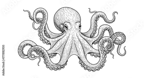 Detailed Engraving of a Majestic Octopus with Intricate Tentacle Design