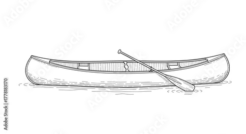 Detailed line art drawing of a vintage style canoe and paddle
