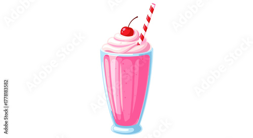 Refreshing Pink Milkshake with Cherry and Striped Straw Illustration