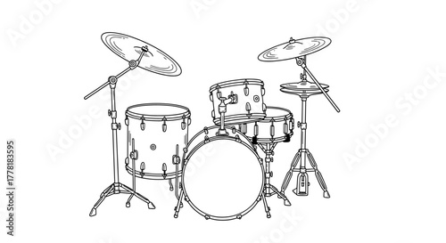 Striking drum kit outline isolated on clean white background ready for color.