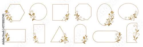 Elegant gold floral geometric frames. Minimal luxury decorative shapes with vintage botanical ornaments. Perfect for wedding invitations, branding, stationery, logos, labels and packaging design.