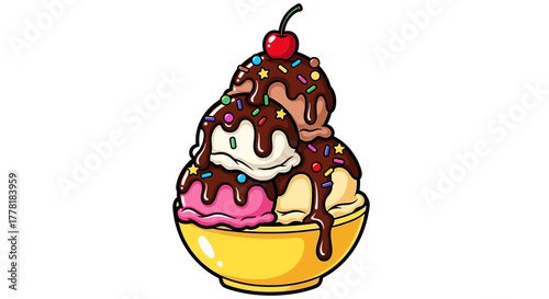 Delightful ice cream sundae with chocolate drizzle and cherry on top