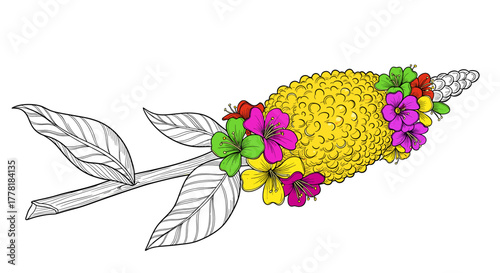 Exquisite hand-drawn corn cob decorated with vibrant flowers illustration