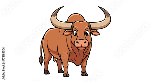 Adorable Cartoon Bull Mascot with Large Horns on White Background