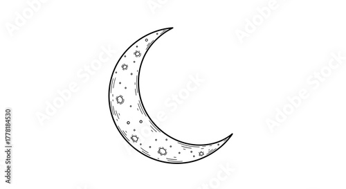 Crescent Moon Sketch with Craters, Astronomy, Lunar Phase.