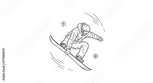 Dynamic snowboarder illustration with crisp line art on a white background