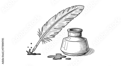 Vintage Feather Quill and Inkwell Illustration on White Background