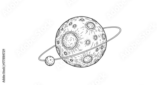 Hand Drawn Illustration of a Ringed Planet with Moon