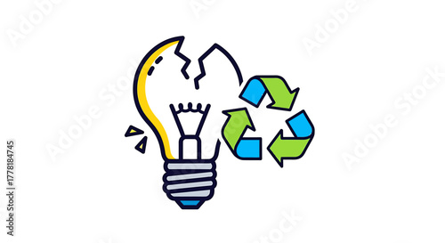 Vector Illustration depicting a fractured lightbulb paired with a recycling symbol, conveying themes of sustainable energy transition, environmental conservation, and ecological awareness