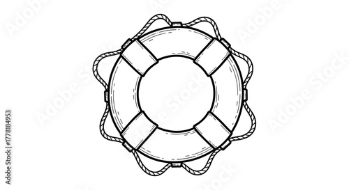 Monochrome lifebuoy illustration with rope detail offers nautical charm and simplicity.